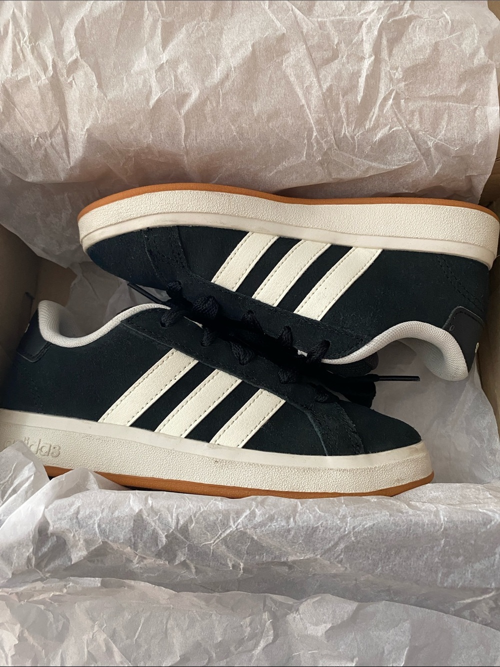 Like New Adidas Grand Court 00s Black Suede Low-Top Sneakers with White Stripes